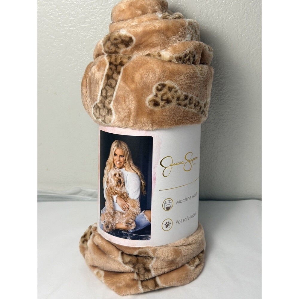 Jessica Simpson Ultra Plush Pet Throw Blanket Tan Leopard Bone Print NWT 40x50